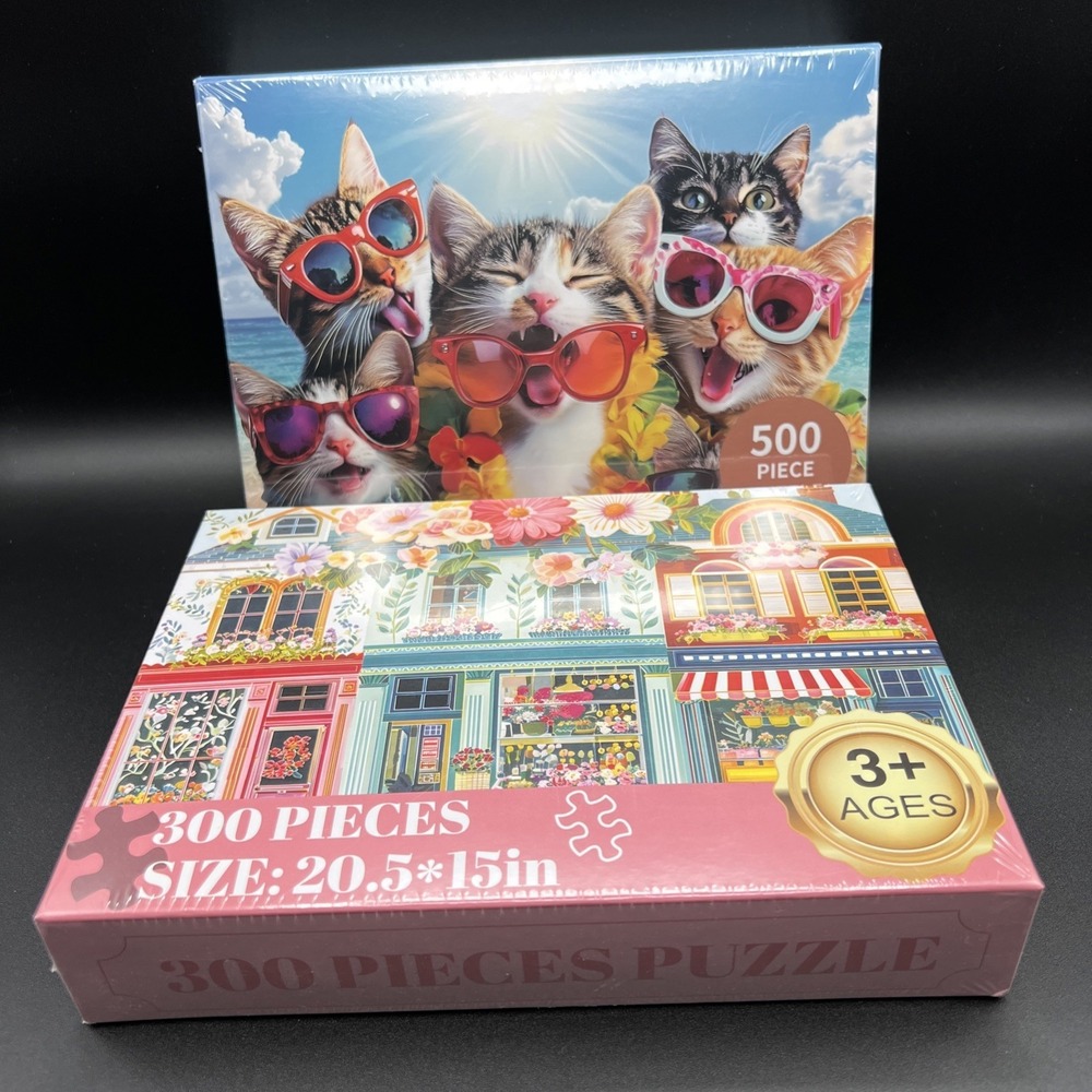 Lot Of 2 500 & 300 Piece Jigsaw Puzzle Summer Beach Cats Beach Cottage Floral